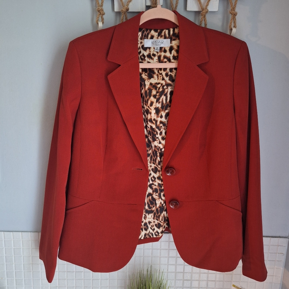 NWT Kasper blazer Autumn Escape in Paprika, silky leopard lining size 14